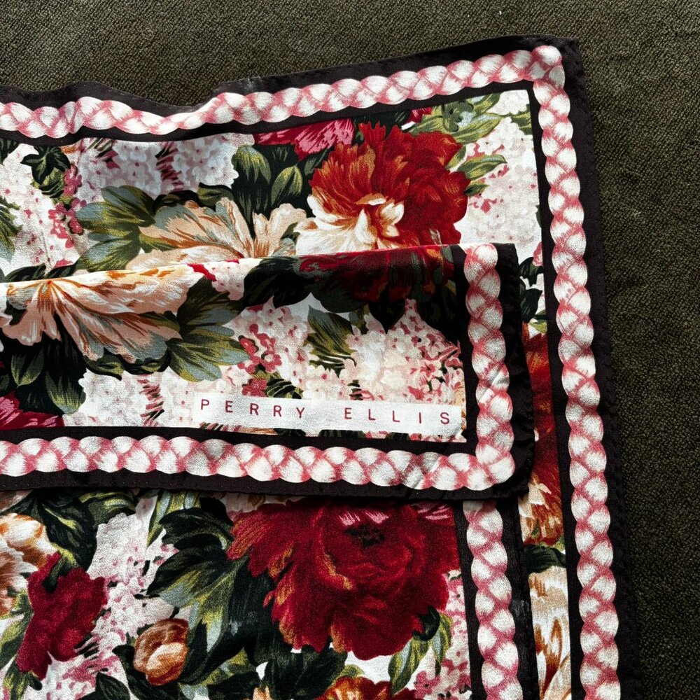 Vintage Long Perry Ellis Red Floral Silk Scarf 15" x 58"